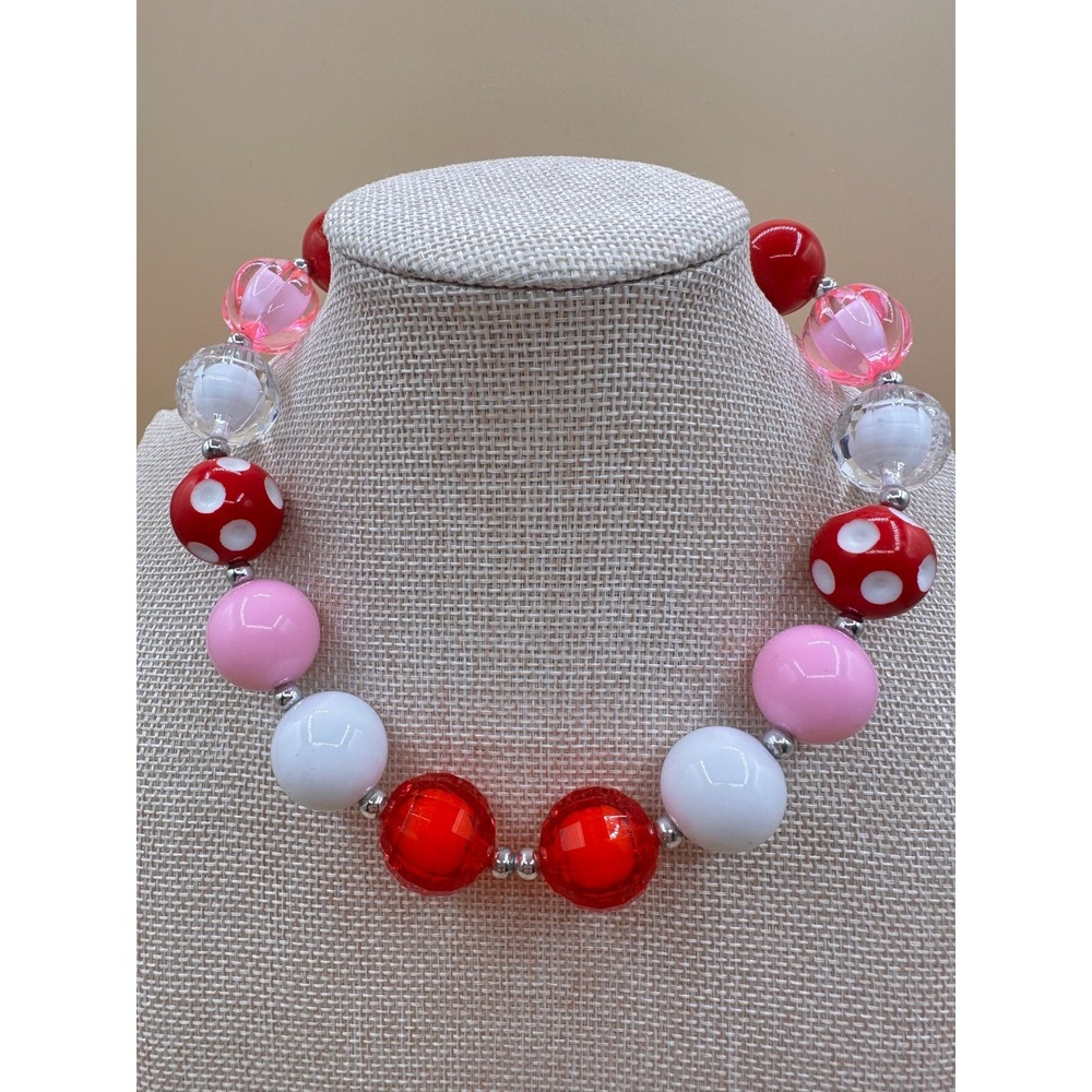 Chunky Red Pink White Beaded Necklace Heart Toggle Clasp Y2K Coquette Statement